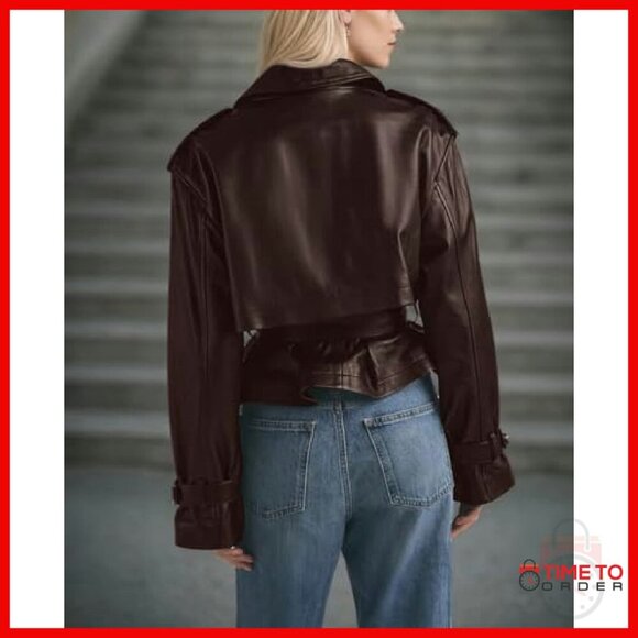 Faux Leather Belted Trench Coat Moto Jacket Women's Size Small - Picture 3 of 7